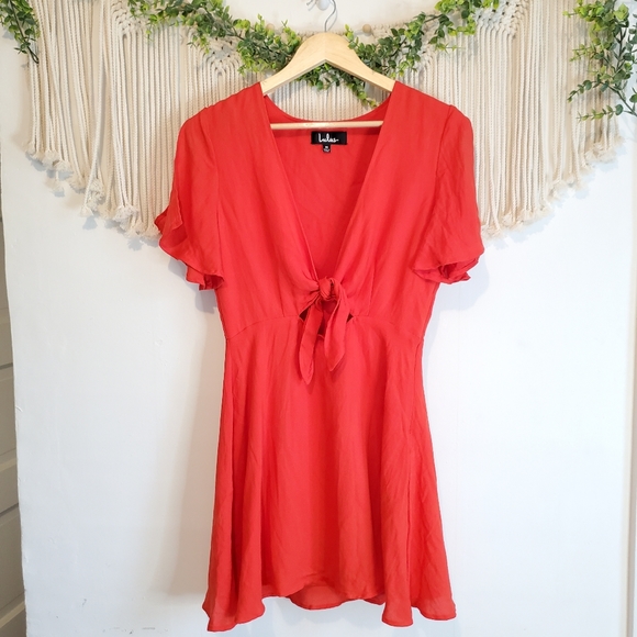 LULUS Red Tie Knot Front Slit Sleeve Mini Dress - Picture 3 of 8